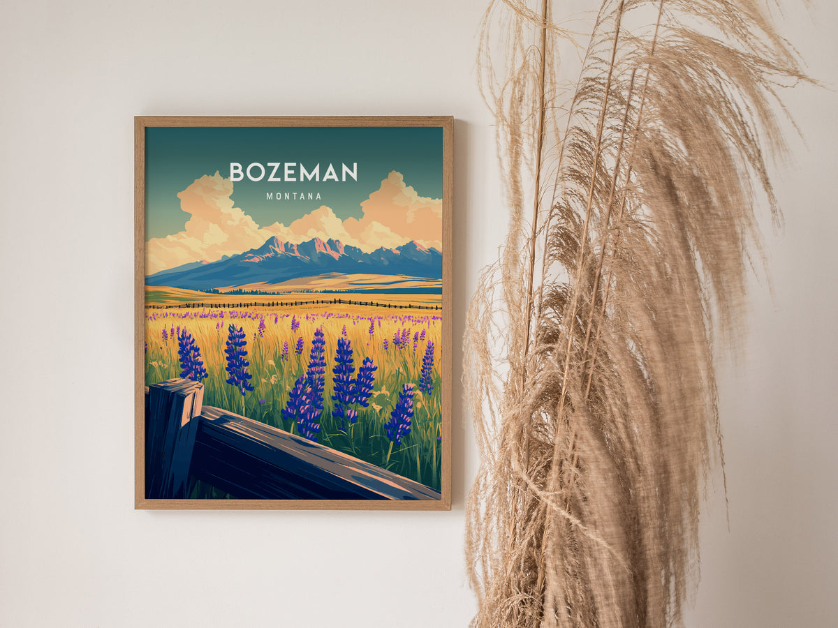 Bozeman, Montana Poster | Mountain Valley Adventure Wall Art — styled in a modern interior