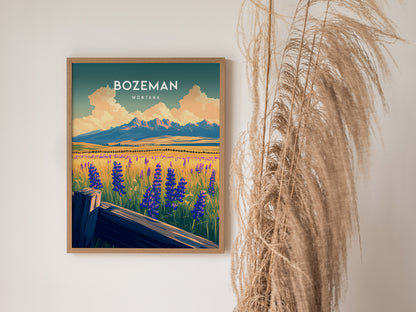 Bozeman, Montana Poster | Mountain Valley Adventure Wall Art — styled in a modern interior