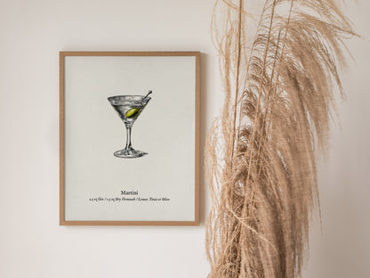 Martini Poster | Vintage Cocktail Scientific Illustration Wall Art — styled in a modern interior