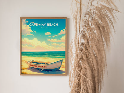 Cape May Beach, New Jersey Poster | Victorian Shore & Sunset Coastal Beach Decor — styled in a modern interior