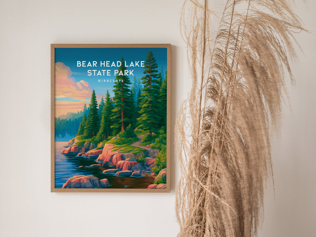 Bear Head Lake State Park, Minnesota Poster | Northwoods Lakeside Wilderness Wall Art — styled in a modern interior