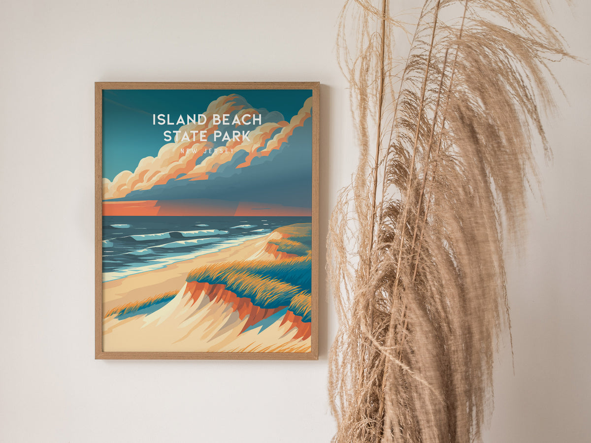 Island Beach State Park, New Jersey Poster | Destination Print Seaside Dunes Wall Art — styled in a modern interior
