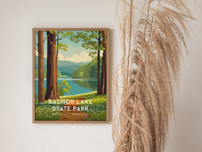 Radnor Lake State Park, Nashville, Tennessee Poster | Woodland Lake Serenity Travel Wall Art — styled in a modern interior