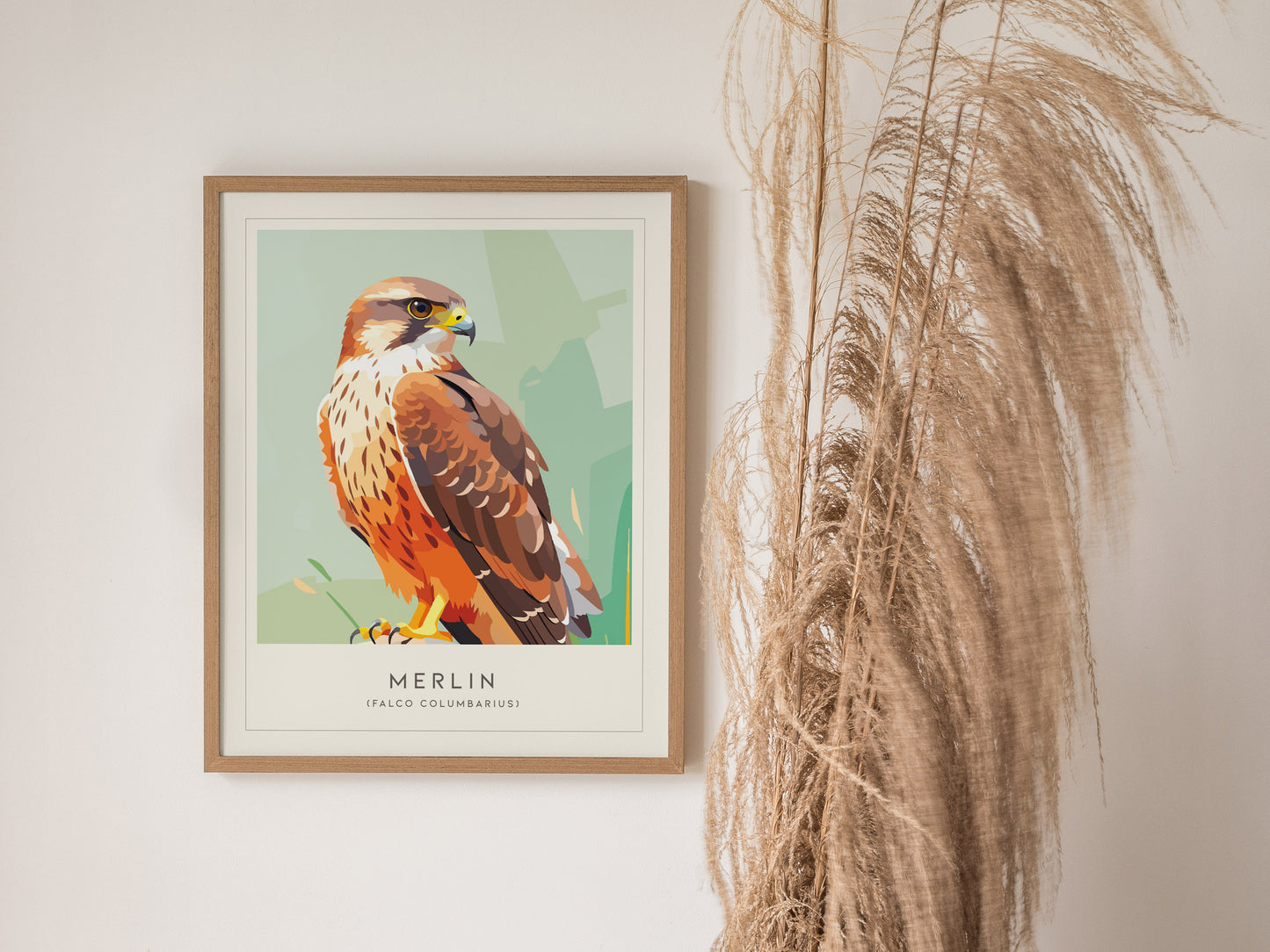 Merlin Bird Poster | Compact Falcon in Flight Wall Art — styled in a modern interior