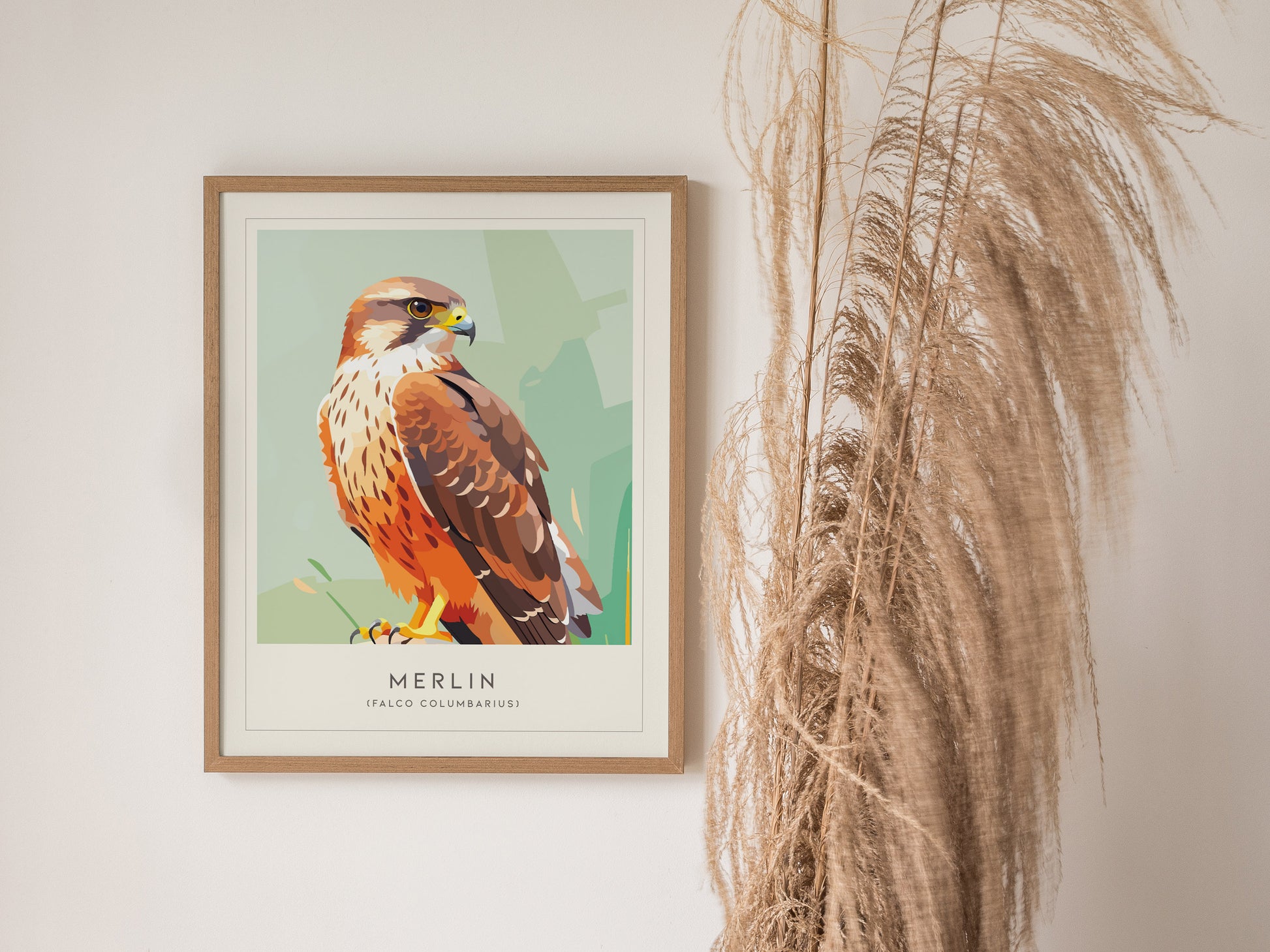 Merlin Bird Poster | Compact Falcon in Flight Wall Art — styled in a modern interior