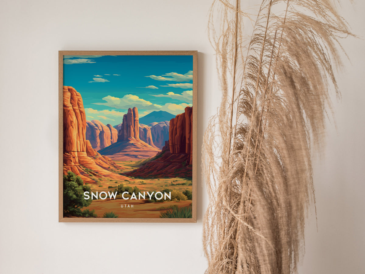 Snow Canyon, Utah Poster | Red Rock Desert Destination Print Wall Art — styled in a modern interior