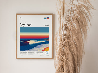 Cayucos, California Poster | Sun-Soaked Surf Town Coastal Wall Art — styled in a modern interior