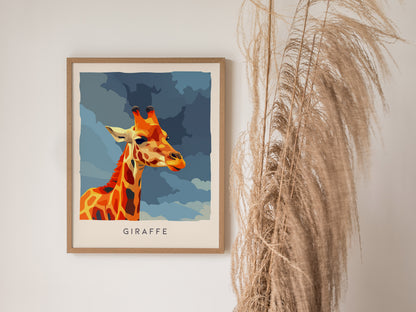 Neon Giraffe Pop Art Poster | Retro 80s Safari Wall Art Print — styled in a modern interior