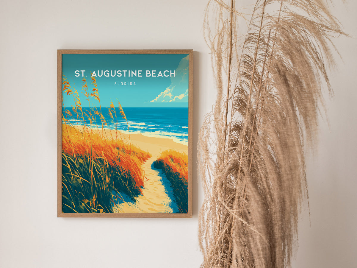 St. Augustine Beach, Florida Poster | Sun-Kissed Shores & Pier Wall Art — styled in a modern interior