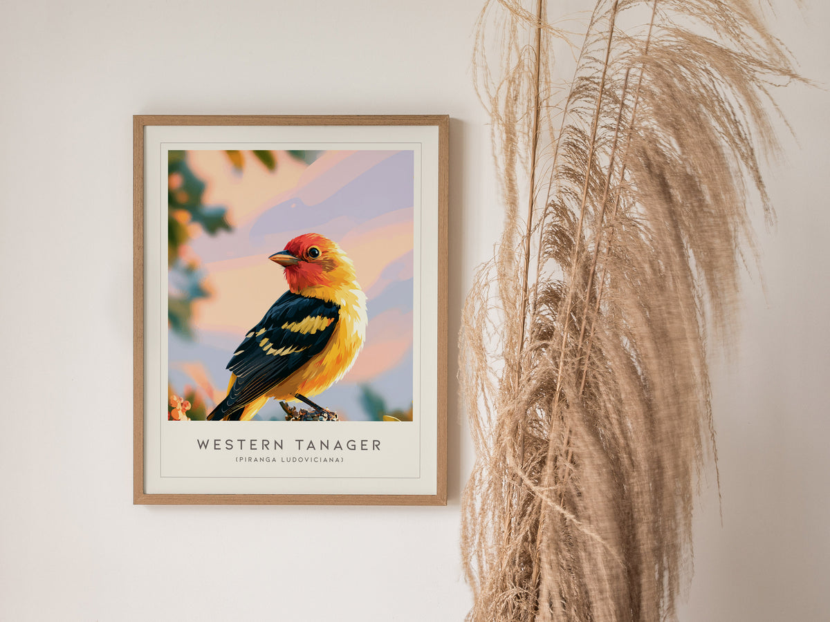 Western Tanager, Piranga ludoviciana Poster | Vibrant Songbird Nature Wall Art — styled in a modern interior