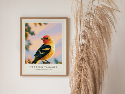 Western Tanager, Piranga ludoviciana Poster | Vibrant Songbird Nature Wall Art — styled in a modern interior