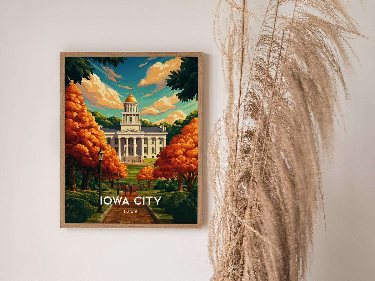 Iowa City, Iowa Poster | Heartland Campus & River Charm Travel Wall Art — styled in a modern interior