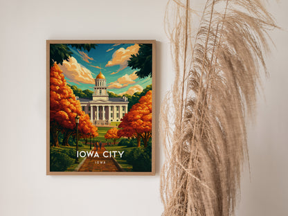 Iowa City, Iowa Poster | Heartland Campus & River Charm Travel Wall Art — styled in a modern interior