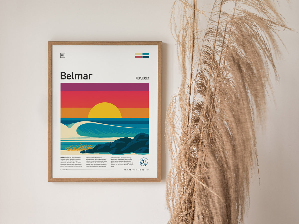 Belmar, New Jersey Poster | Surf & Boardwalk Coastal Wall Art — styled in a modern interior