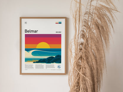 Belmar, New Jersey Poster | Surf & Boardwalk Coastal Wall Art — styled in a modern interior