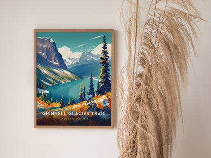 A framed poster of the Grinnell Glacier Trail features vibrant alpine scenery with turquoise lakes and towering peaks. Dried grasses are decoratively arranged beside the artwork.