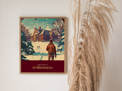 A framed University of Minnesota poster depicts a snowy campus scene with a student walking towards a historic building, surrounded by trees. Pampas grass decorates the right side.