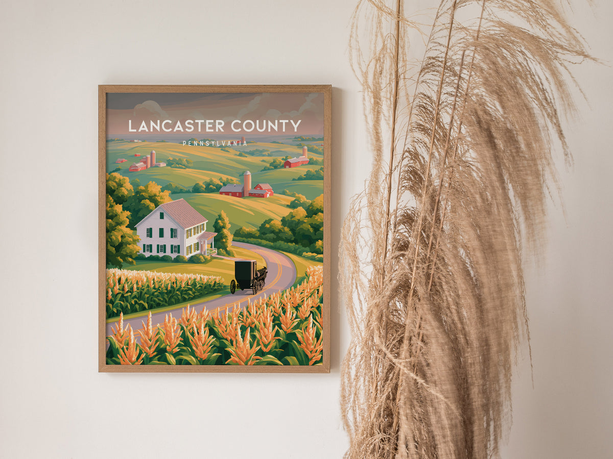 Lancaster County, Pennsylvania Poster | Rolling Farmland & Covered Bridge Wall Art — styled in a modern interior