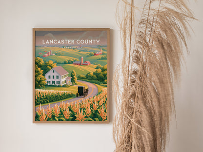 Lancaster County, Pennsylvania Poster | Rolling Farmland & Covered Bridge Wall Art — styled in a modern interior