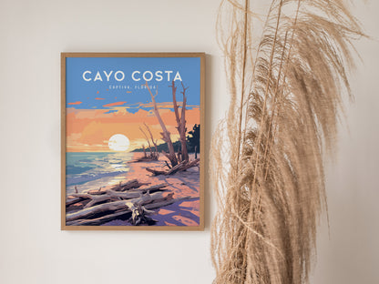 A framed poster of Cayo Costa, Captiva, Florida, depicting a sunset over a beach with driftwood. The artwork is displayed next to tall, dried grass.