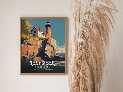 A framed poster of Split Rock Lighthouse is displayed on a wall, featuring a colorful illustration of the lighthouse on rocky cliffs. Decorative pampas grass is visible nearby.
