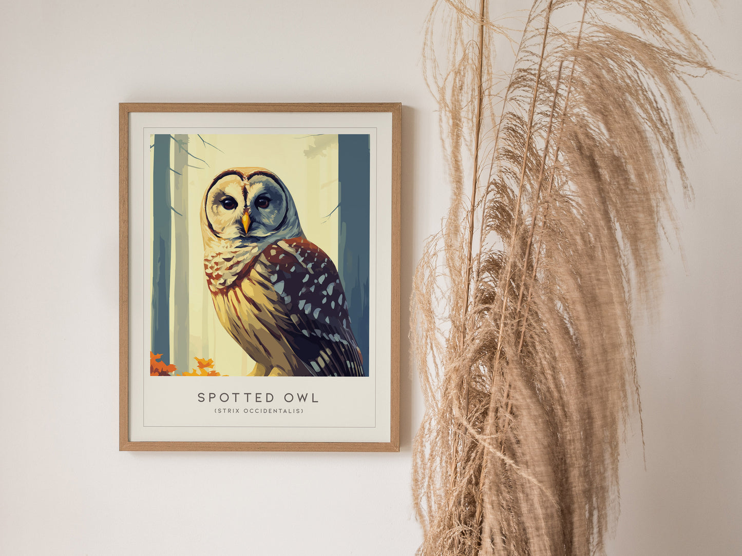 Spotted Owl Poster | Mysterious Forest Raptor Fine Wall Art — styled in a modern interior