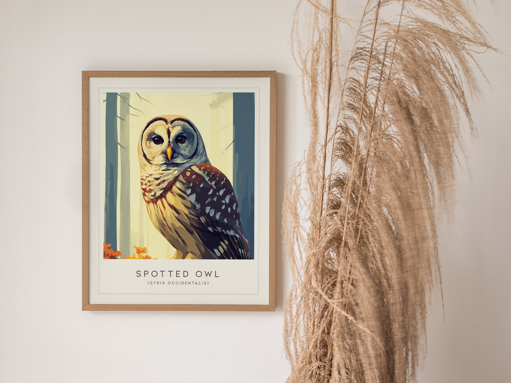 Spotted Owl Poster | Mysterious Forest Raptor Fine Wall Art — styled in a modern interior