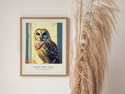 Spotted Owl Poster | Mysterious Forest Raptor Fine Wall Art — styled in a modern interior