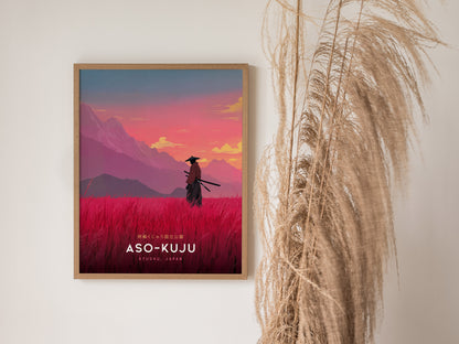 Aso-Kuju National Park Poster | Japan Samurai Travel Print Wall Art | Framed or Unframed