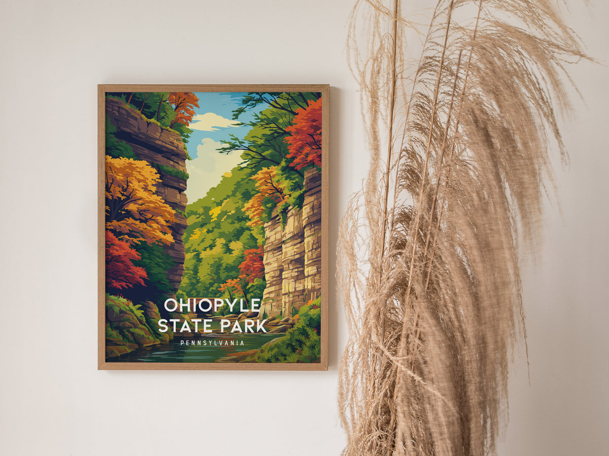 Ohiopyle State Park, Pennsylvania Poster | Waterfall & Wilderness Adventure Wall Art — styled in a modern interior