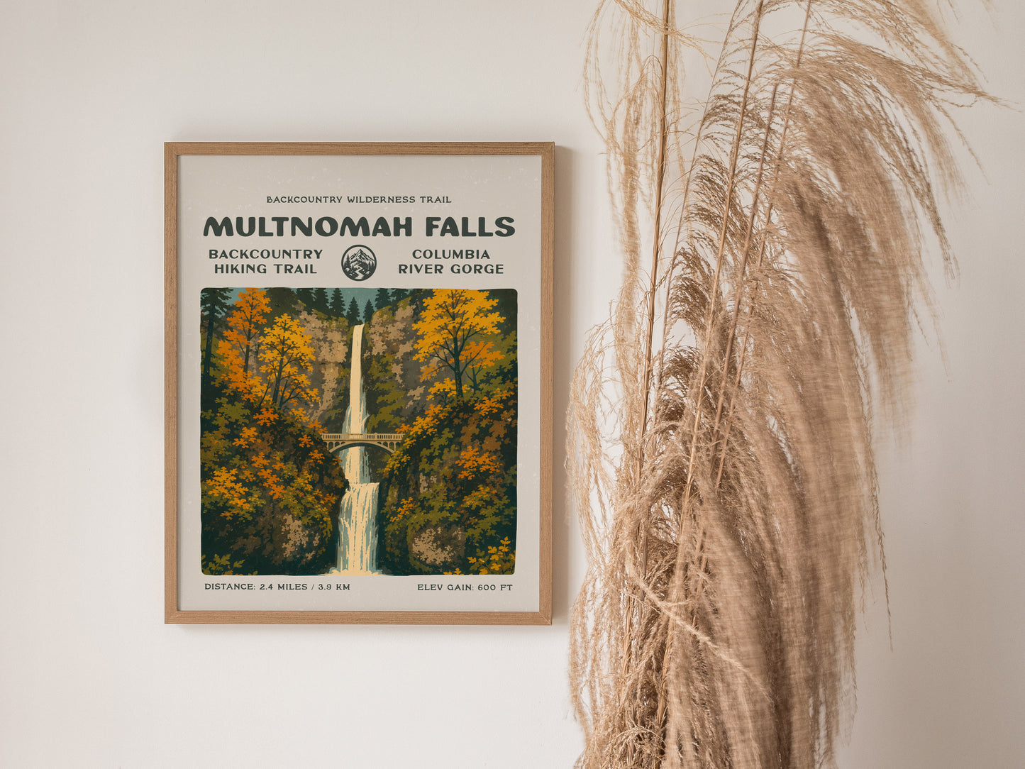 Multnomah Falls Poster | Oregon Waterfall Wall Art Print — styled in a modern interior