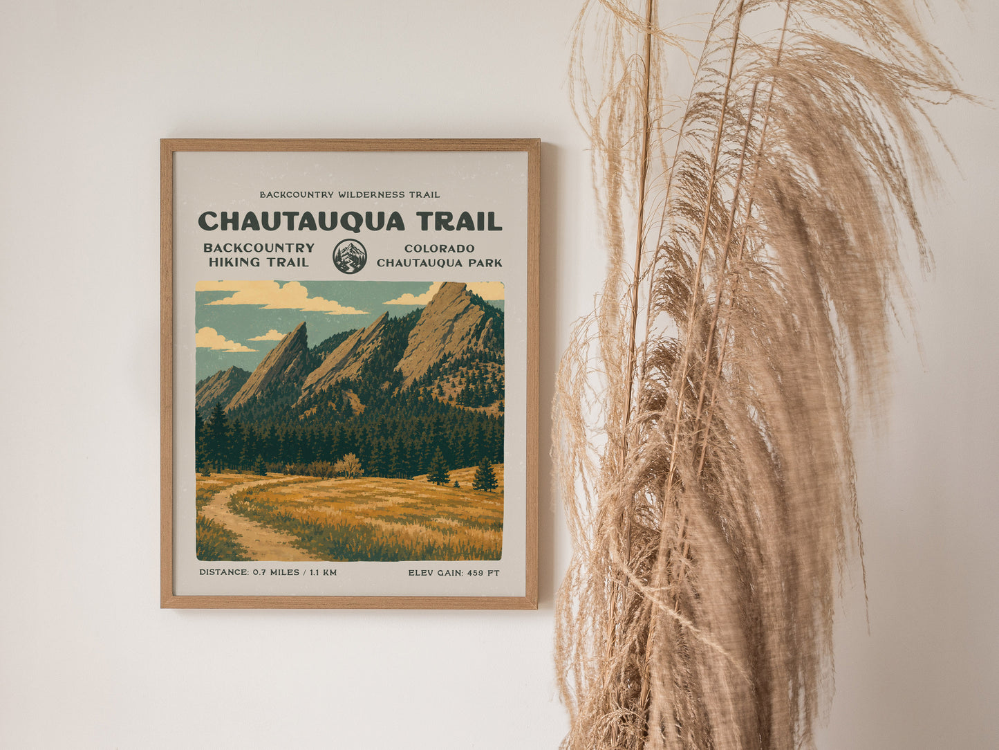 Chautauqua Trail, Boulder Poster | Hiker Gift | Flatirons Backcountry Block Print Wall Art — styled in a modern interior