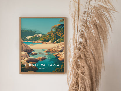 Puerto Vallarta, Mexico Poster | Tropical Coast & Cathedral Wall Art — styled in a modern interior