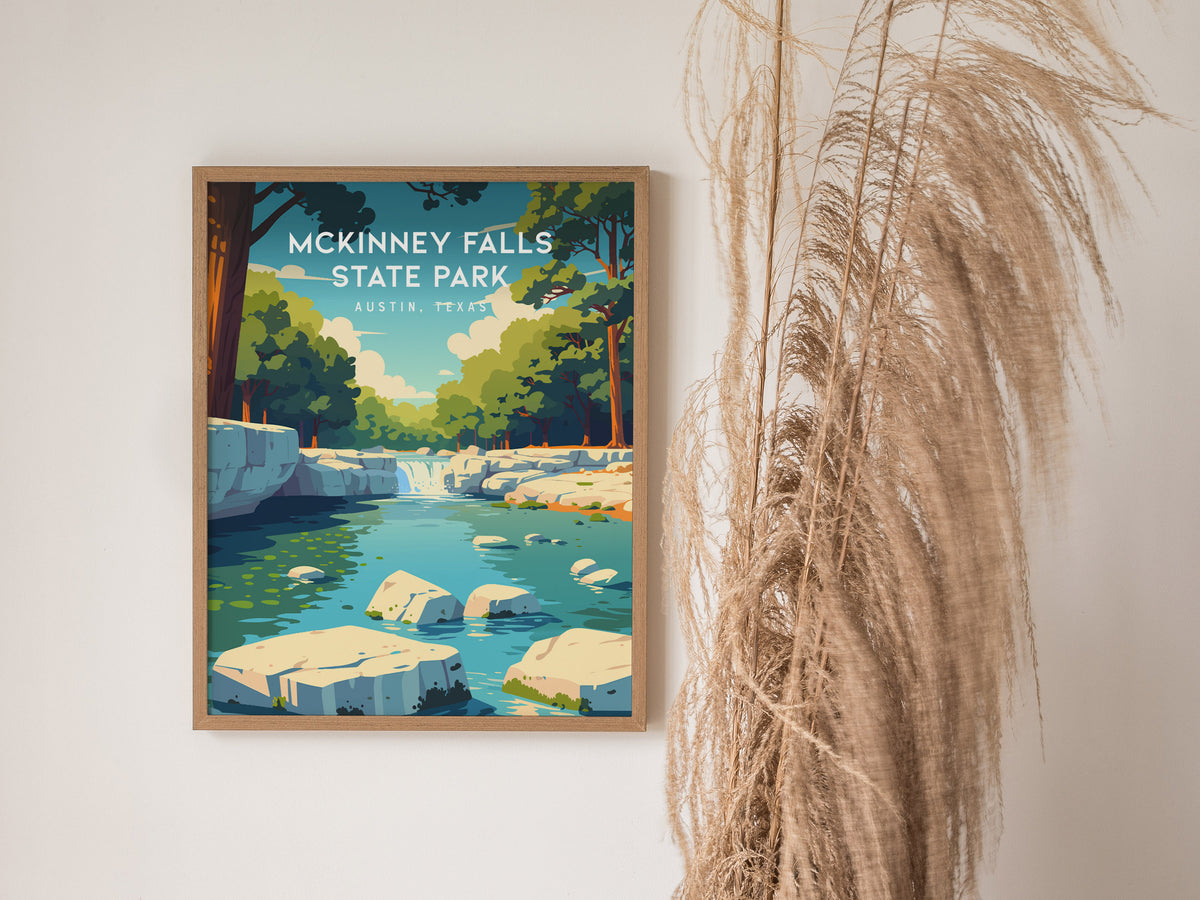 McKinney Falls State Park, Austin, Texas Poster | Waterfall & Creek Nature Wall Art — styled in a modern interior
