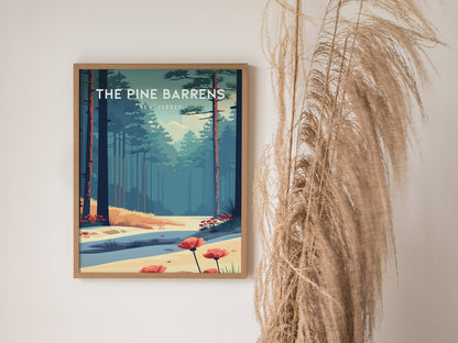 The Pine Barrens, New Jersey Poster | Misty Pines & Cranberry Bogs Wall Art — styled in a modern interior