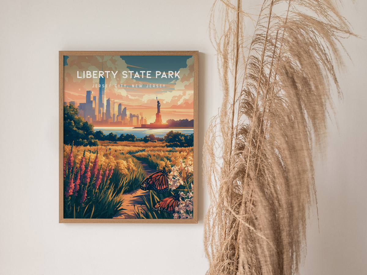 Liberty State Park, Jersey City, New Jersey Poster | Skyline & Harbor Travel Wall Art — styled in a modern interior