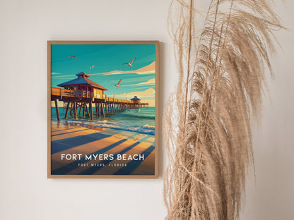 Fort Myers Beach Poster | Florida Historic Pier Wall Art | Framed or Unframed