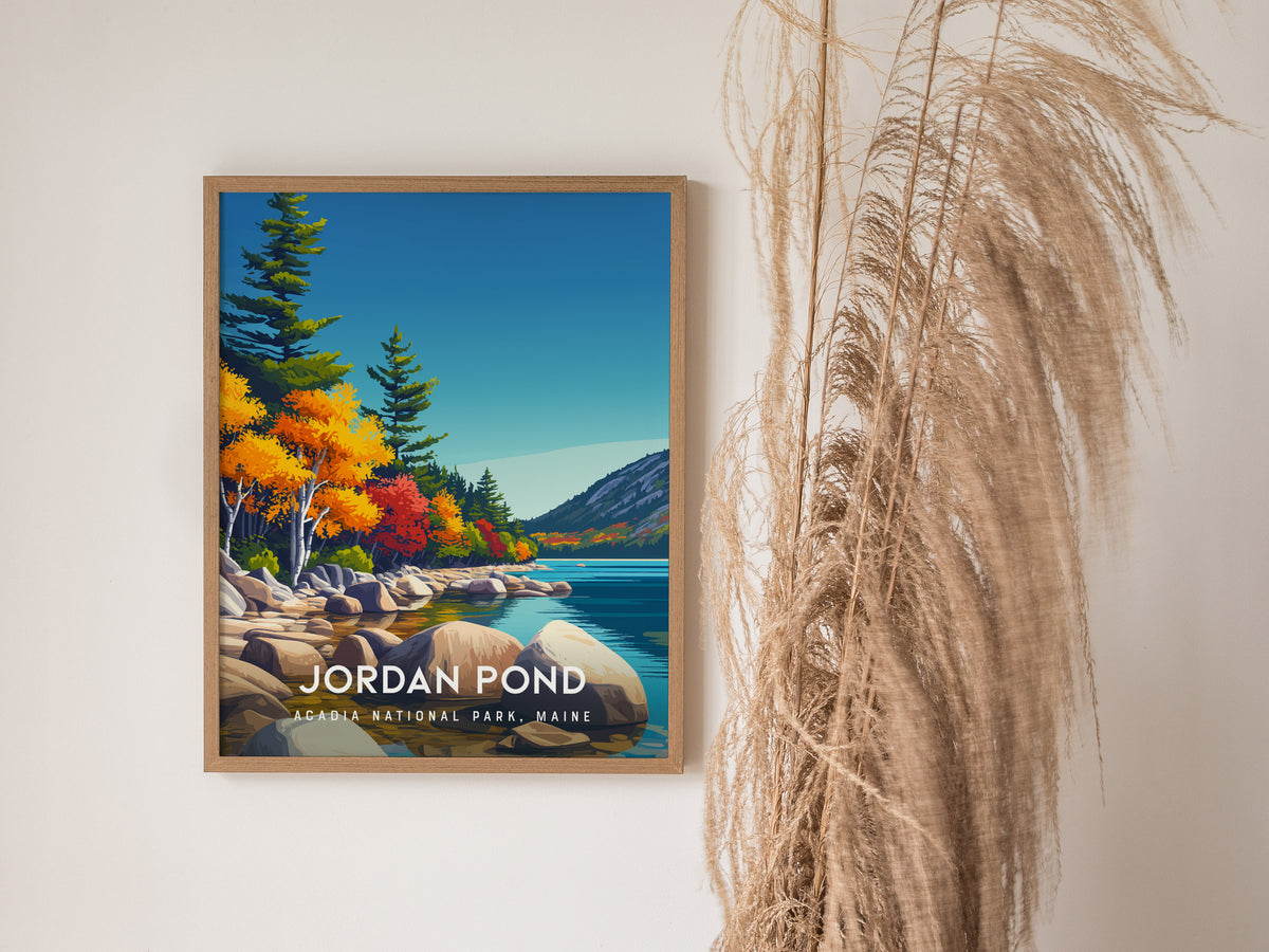 Jordan Pond, Acadia National Park, Maine Poster | Coastal Beach Decor Wall Art — styled in a modern interior