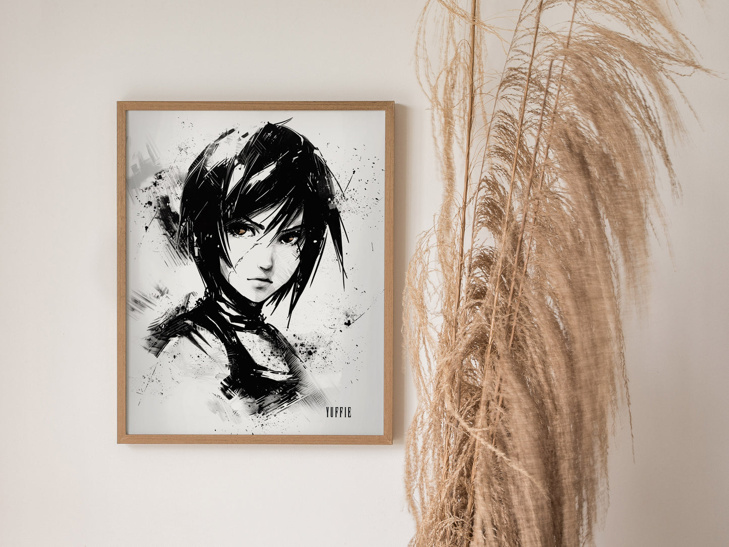 Framed Yuffie Final Fantasy VII poster centered over a sofa in a modern living room