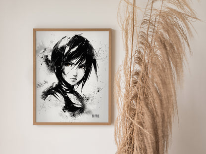 Framed Yuffie Final Fantasy VII poster centered over a sofa in a modern living room