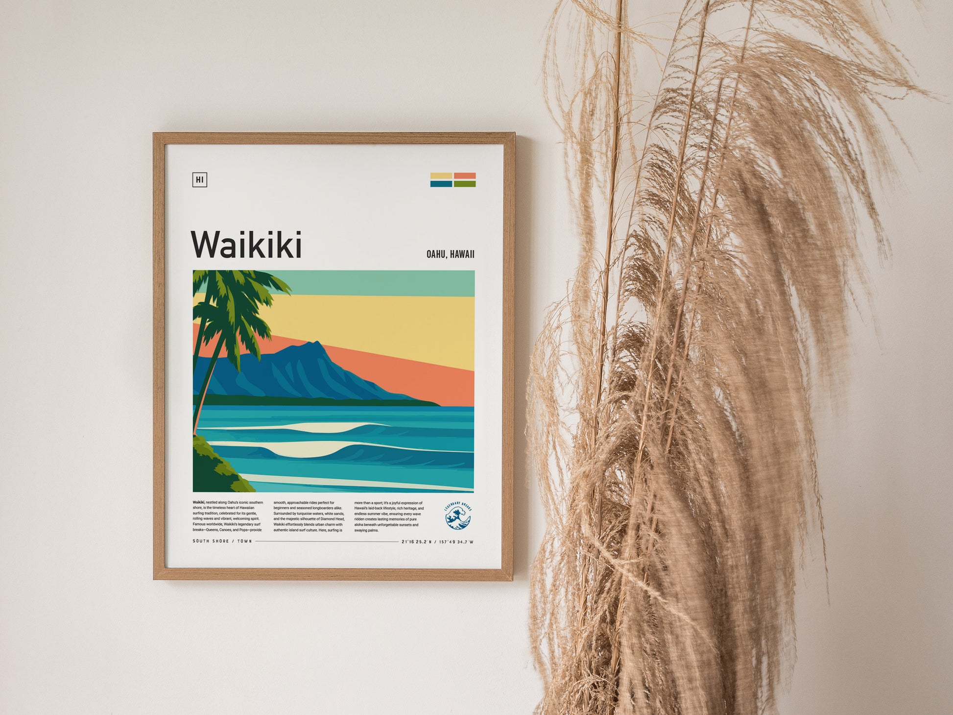 Waikiki Poster | Hawaii Surfer Art | Honolulu Oahu Diamond Head