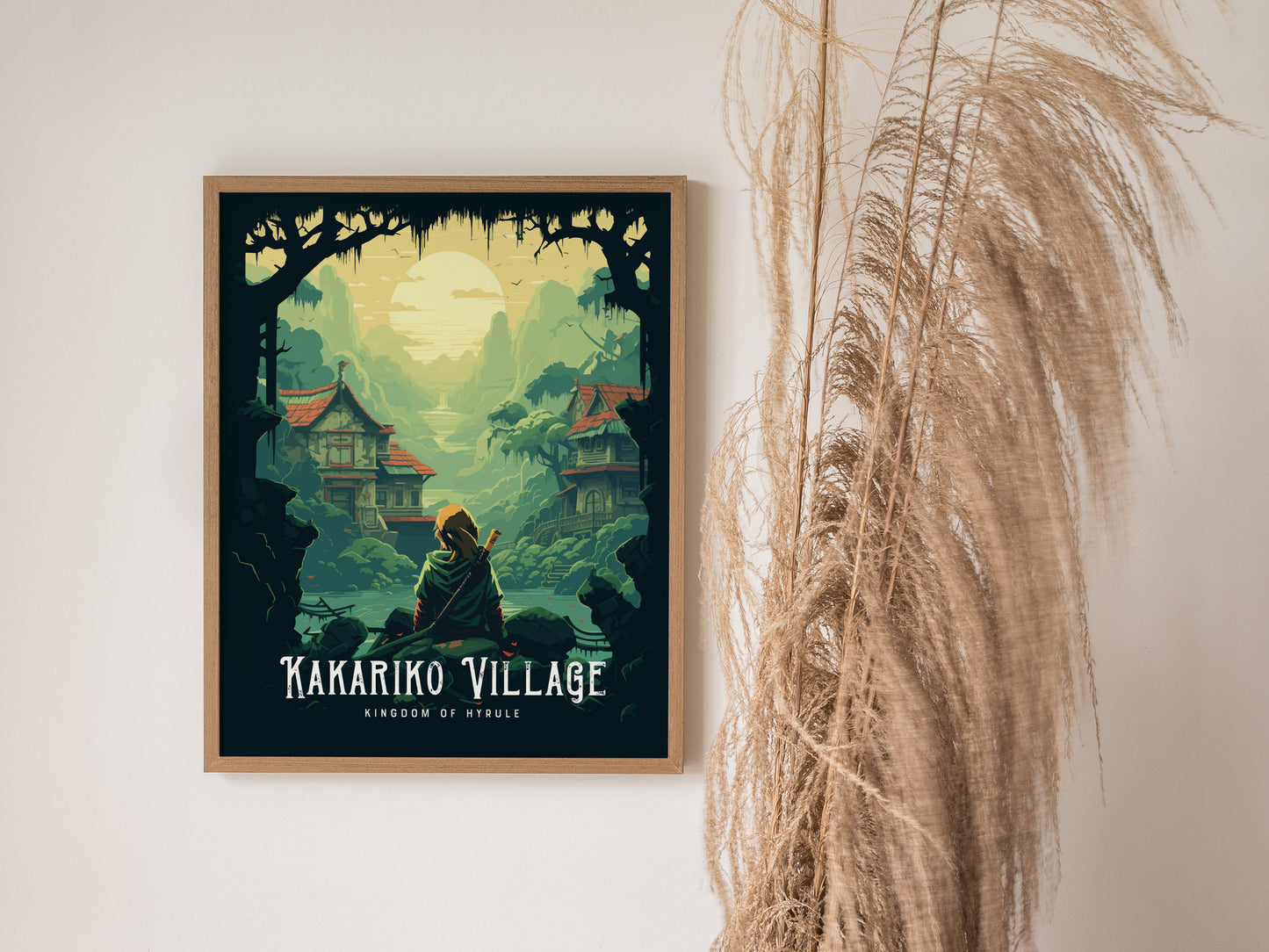 Framed artwork of 'Kakariko Village' with Link sitting in a forest, on a wall.