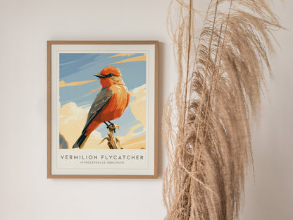 Vermilion Flycatcher, Pyrocephalus obscurus Poster | Brilliant Songbird Nature Poster Wall Art — styled in a modern interior