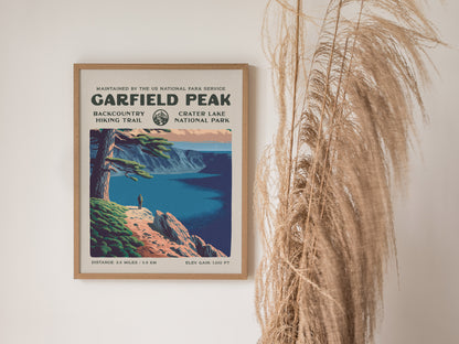 Garfield Peak, Crater Lake National Park Poster | Hiker Gift | Backcountry Trail Wall Art — styled in a modern interior