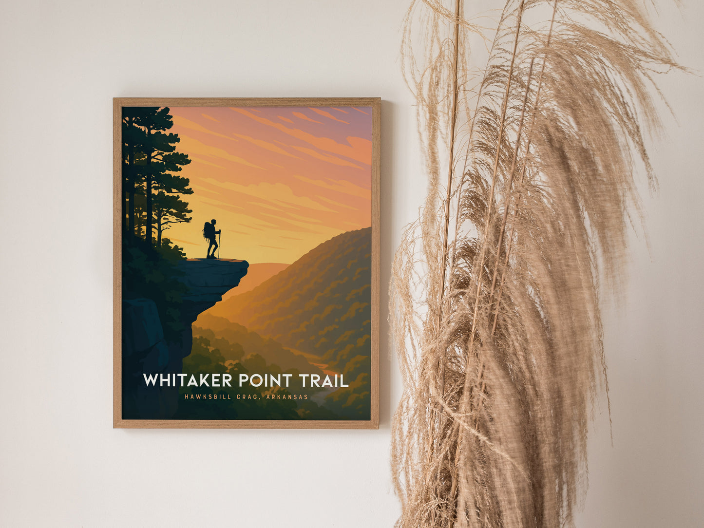 Framed Whitaker Point poster showcasing a hiker on Hawksbill Crag, vibrant sunset colors and lush landscapes, perfect travel art.