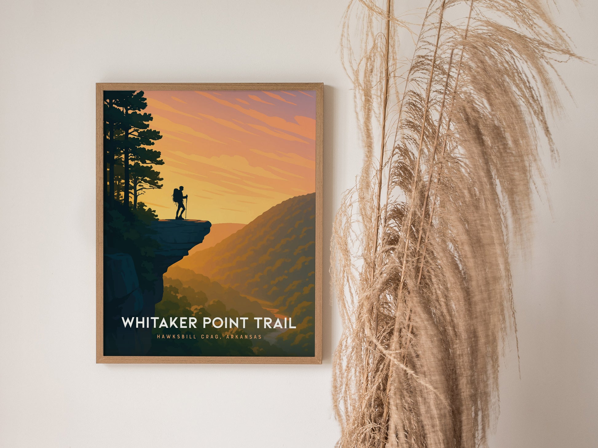 Framed Whitaker Point poster showcasing a hiker on Hawksbill Crag, vibrant sunset colors and lush landscapes, perfect travel art.