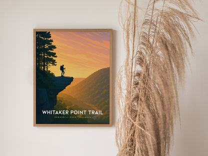 Framed Whitaker Point poster showcasing a hiker on Hawksbill Crag, vibrant sunset colors and lush landscapes, perfect travel art.