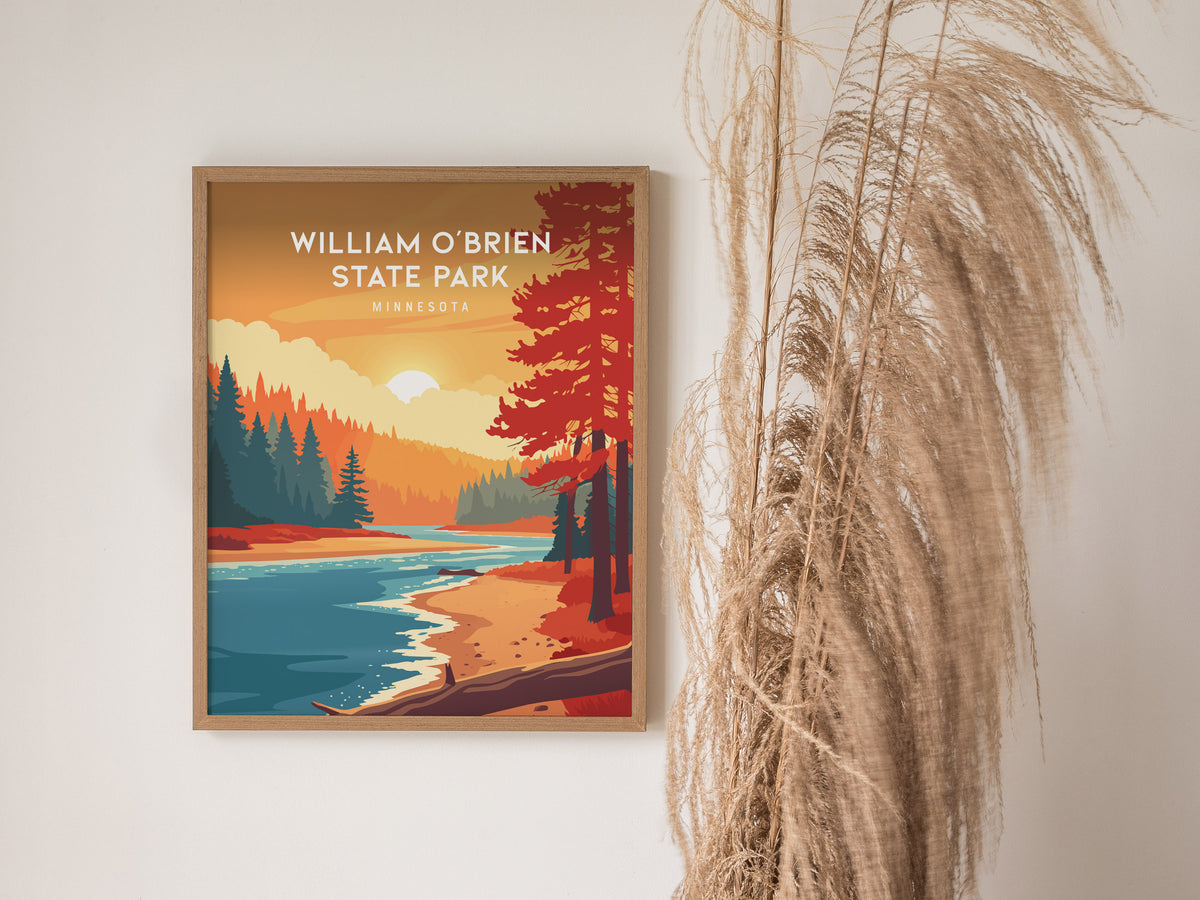 William O'Brien State Park, Minnesota Poster | Riverside Forest Wilderness Destination Print Wall Art — styled in a modern in