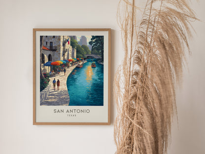 San Antonio River Walk Matte Border Poster | Texas Travel Wall Art — styled in a modern interior