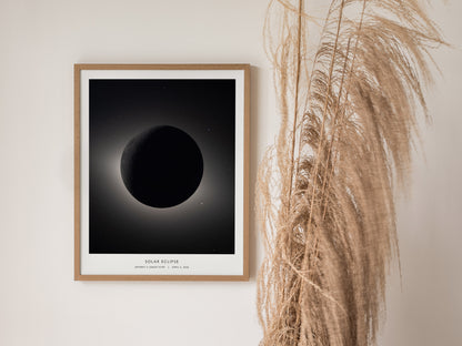 Realistic depiction of a solar eclipse with the moon silhouetted against the sun's glowing corona, showcasing deep contrasts in space art inspired by the Artemis II NASA mission.